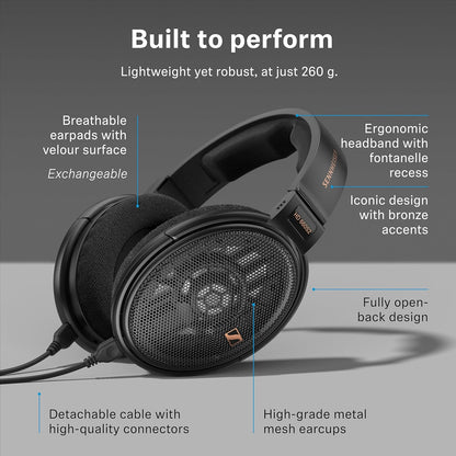 Sennheiser HD 660S2 built with ergonomic headband, velour earpads, and metal mesh earcups for premium comfort and durability.