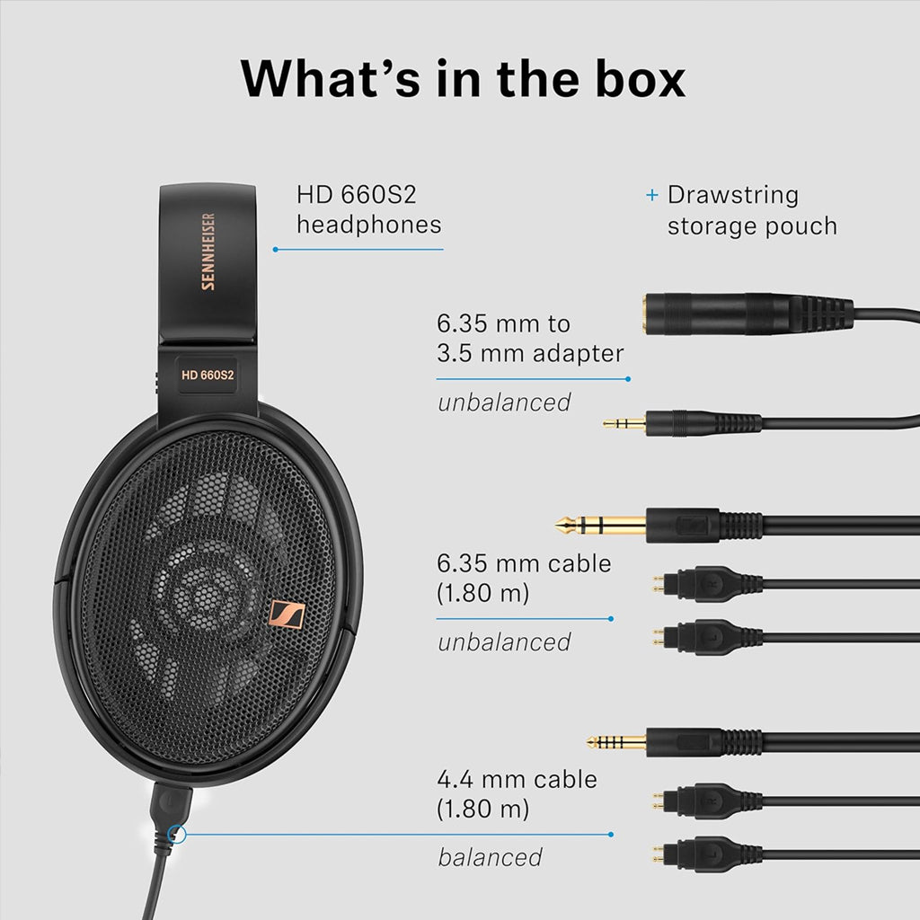 HD 660S2 headphone box contents including 6.35mm and 4.4mm cables, adapter, and storage pouch for versatile wired connectivity.