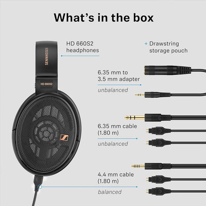 HD 660S2 headphone box contents including 6.35mm and 4.4mm cables, adapter, and storage pouch for versatile wired connectivity.