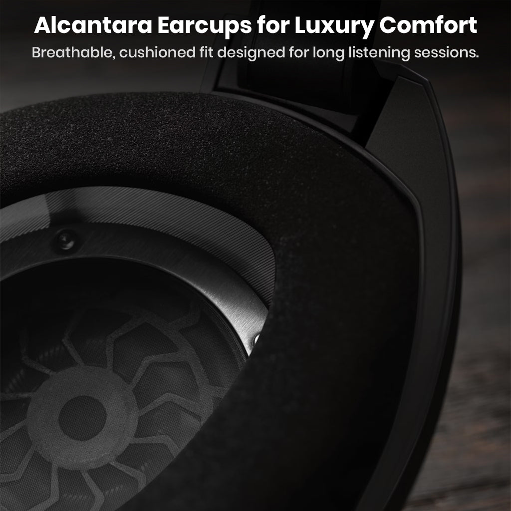 Close-up of Sennheiser HD 800 S Alcantara earcups designed for breathable, cushioned comfort during extended listening sessions.