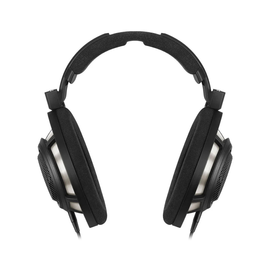 Front view of Sennheiser HD 800 S open-back wired headphones showcasing wide headband and plush ear cushions for superior comfort.