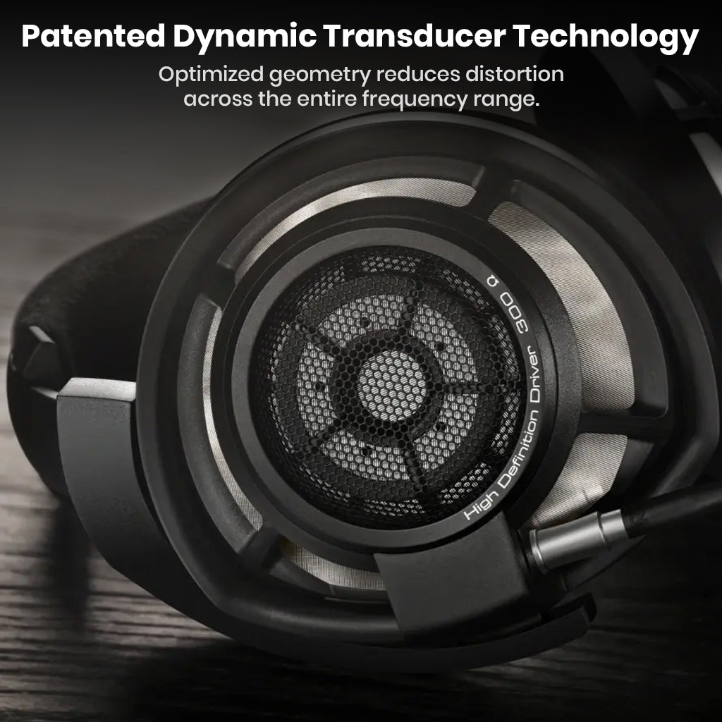 Detailed view of Sennheiser HD 800 S patented dynamic transducer technology for reduced distortion and enhanced frequency response.