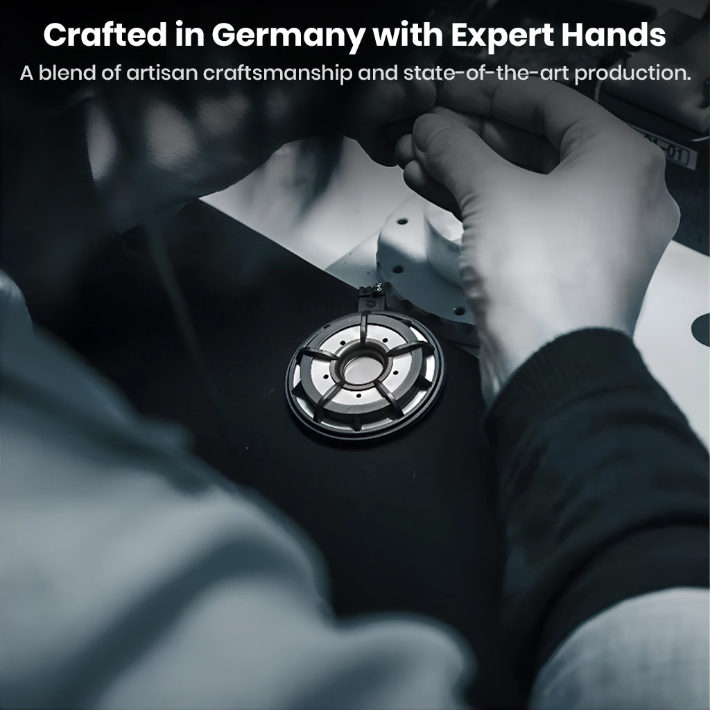 Crafting process of Sennheiser HD 800 S headphones in Germany, showcasing expert hands assembling high-precision audio components.