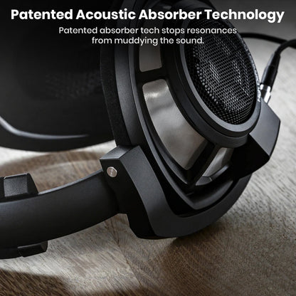 Sennheiser HD 800 S headphones featuring patented acoustic absorber technology to eliminate resonances and preserve audio clarity.