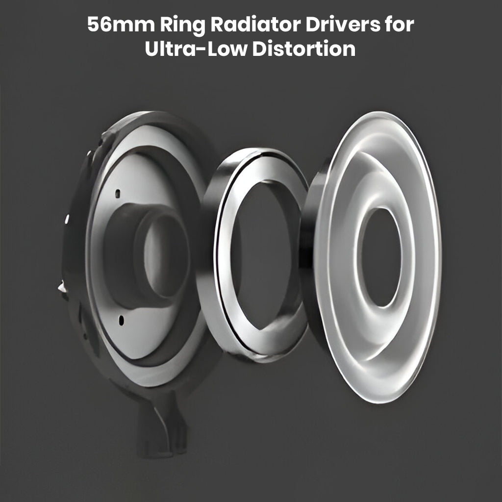 Exploded view of Sennheiser HD 820's 56mm ring radiator drivers engineered for ultra-low distortion and high-fidelity audio.
