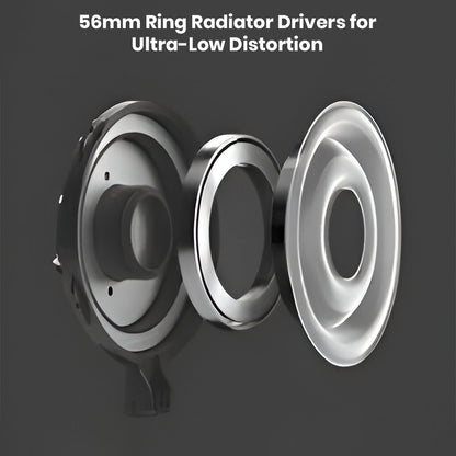 Exploded view of Sennheiser HD 820's 56mm ring radiator drivers engineered for ultra-low distortion and high-fidelity audio.