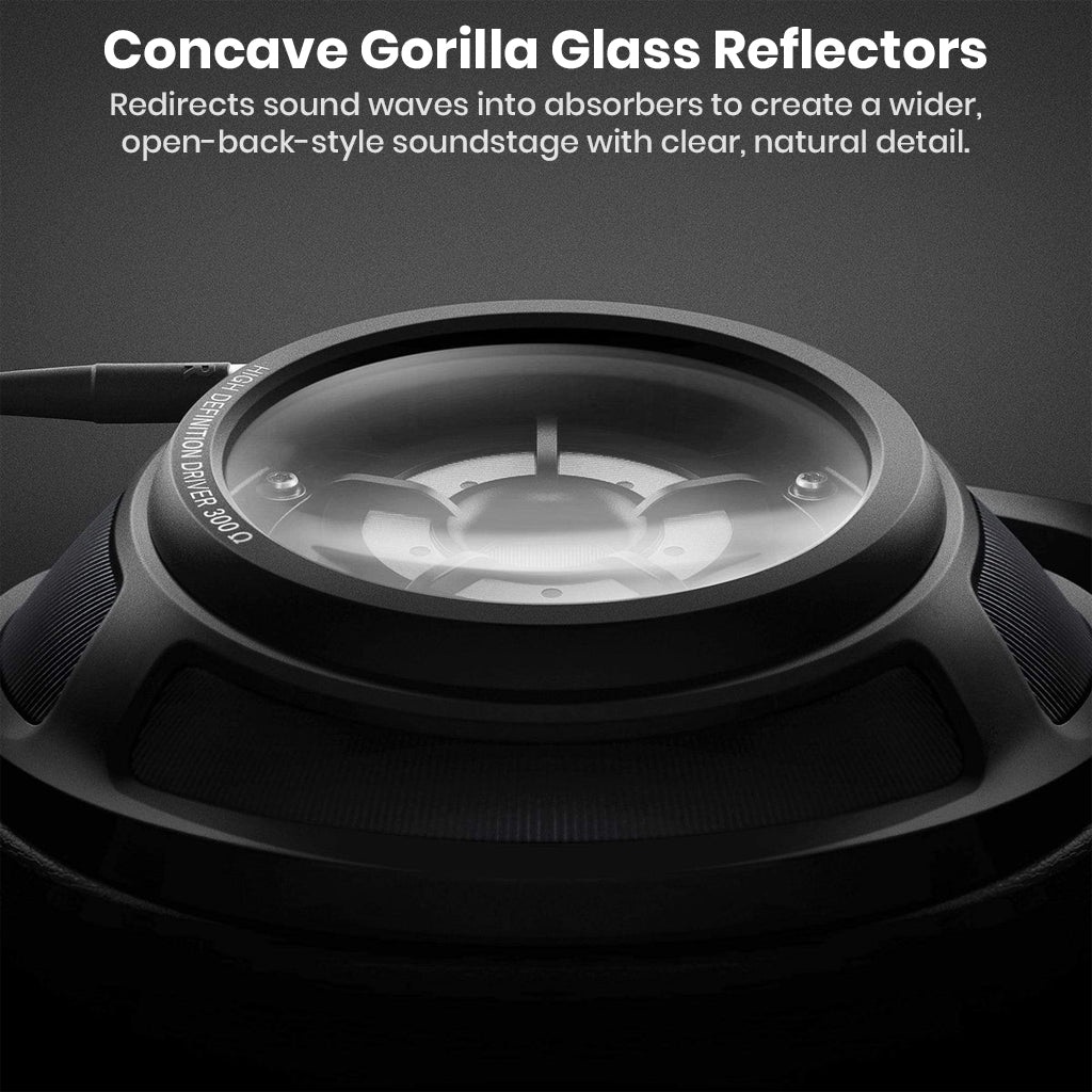 Close-up of Sennheiser HD 820 headphone's Gorilla Glass reflector that enhances open-back-style soundstage with natural clarity.