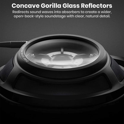 Close-up of Sennheiser HD 820 headphone's Gorilla Glass reflector that enhances open-back-style soundstage with natural clarity.