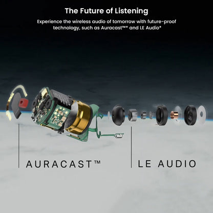Exploded view of Sennheiser Momentum True Wireless 4 internal components highlighting Auracast and LE Audio technology for advanced sound.