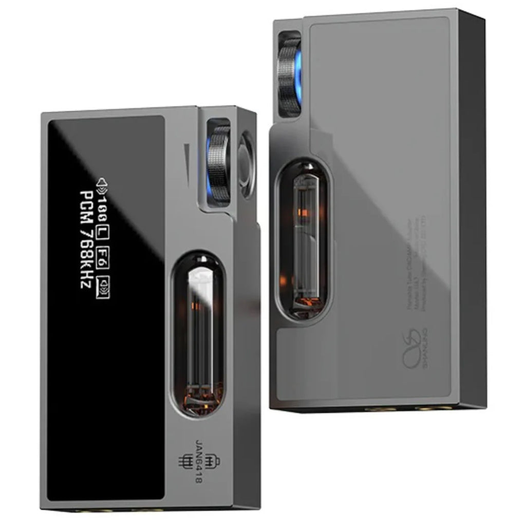 SHANLING UA7 Titanium DAC/AMP with Hi-Res PCM 768kHz support and visible vacuum tube design for premium portable audio performance.