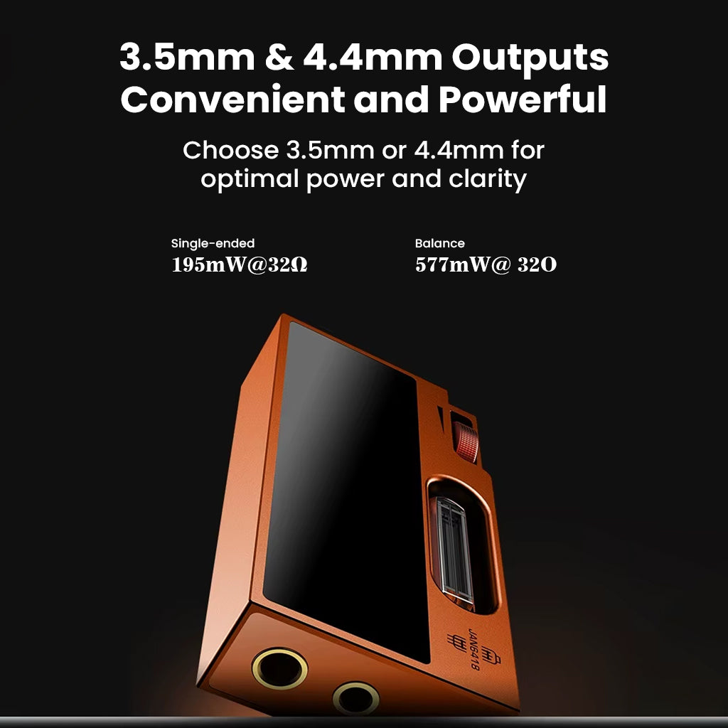 SHANLING UA7 DAC/AMP in radiant orange with 3.5mm and 4.4mm outputs, delivering 577mW@32Ω balanced and 195mW@32Ω single-ended power.