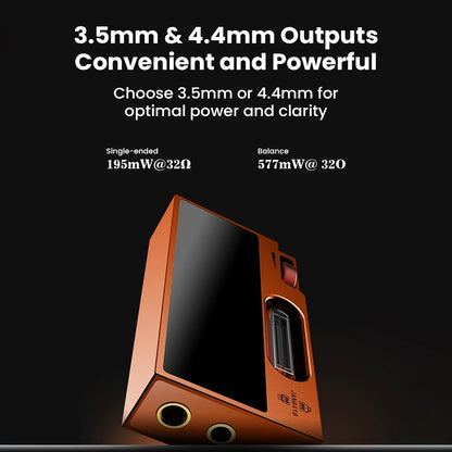SHANLING UA7 DAC/AMP in radiant orange with 3.5mm and 4.4mm outputs, delivering 577mW@32Ω balanced and 195mW@32Ω single-ended power.