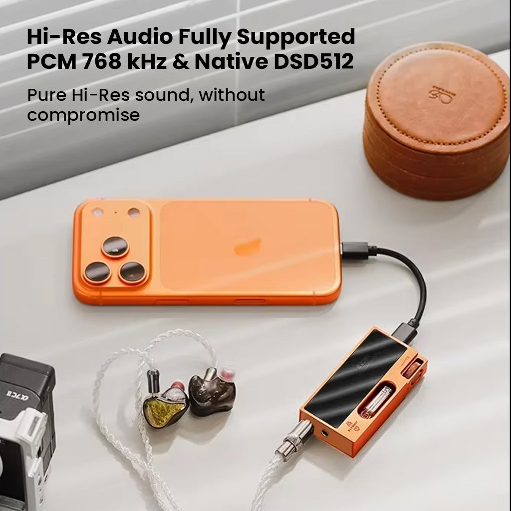 SHANLING UA7 connected to smartphone and IEMs, showcasing Hi-Res PCM 768kHz and DSD512 playback for uncompromised portable audio.