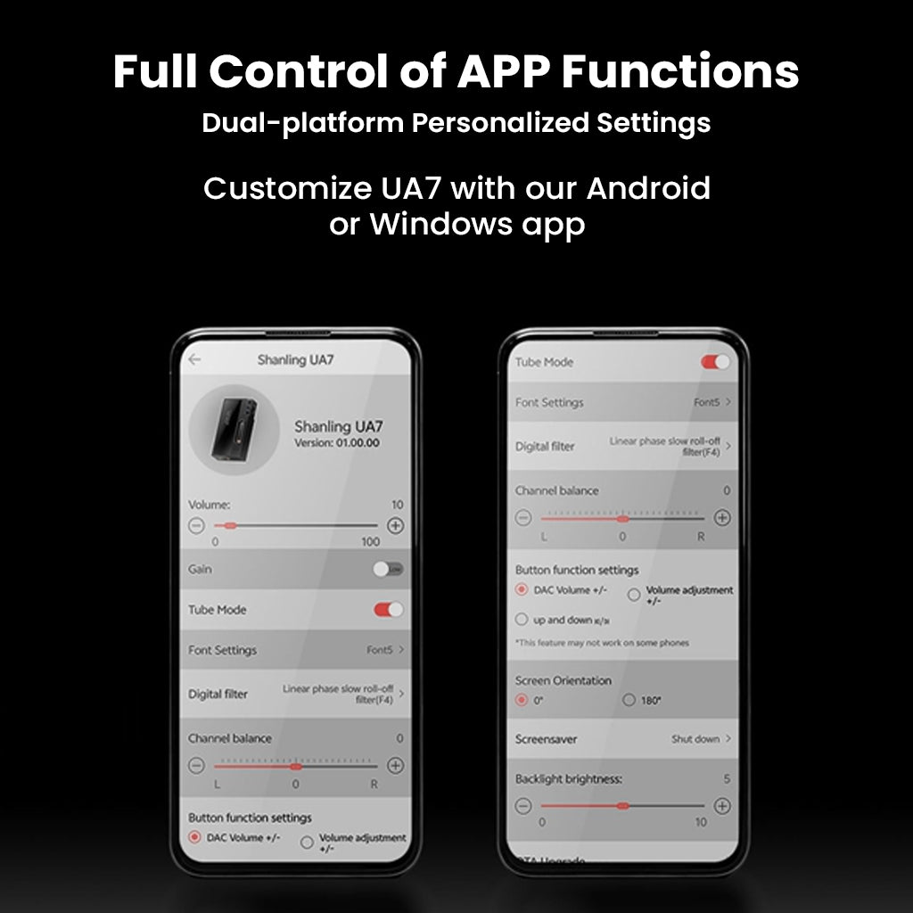 SHANLING UA7 DAC/AMP app interface on Android and Windows, allowing full control of tube mode, gain, filters, and channel balance.