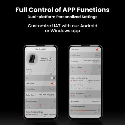 SHANLING UA7 DAC/AMP app interface on Android and Windows, allowing full control of tube mode, gain, filters, and channel balance.