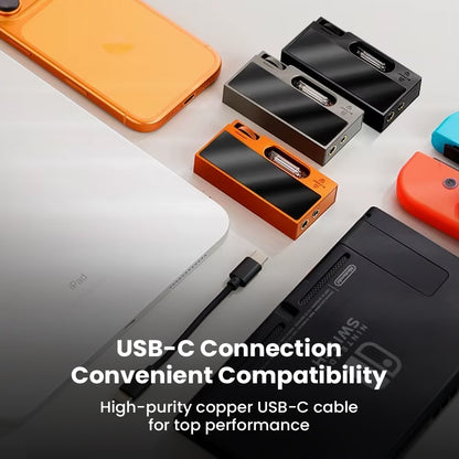 SHANLING UA7 DAC/AMP with USB-C connection shown with multiple devices, highlighting high-purity copper cable for optimal compatibility.