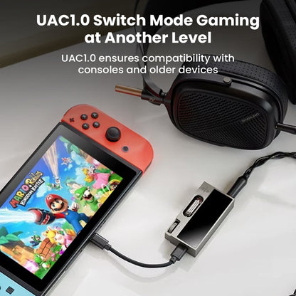 SHANLING UA7 DAC/AMP connected to Nintendo Switch, supporting UAC1.0 mode for enhanced gaming audio on older and console devices.