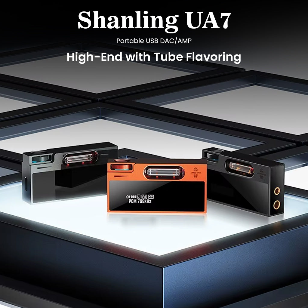 SHANLING UA7 DAC/AMP lineup in titanium grey, deep black, and radiant orange, offering high-end portable audio with tube flavoring.