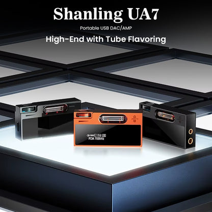 SHANLING UA7 DAC/AMP lineup in titanium grey, deep black, and radiant orange, offering high-end portable audio with tube flavoring.
