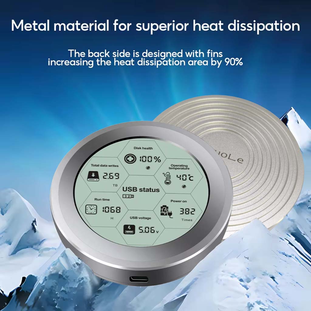 ShuoLe NVMe 256GB SSD Enclosure with Digital SSD Health Tracker, featuring a circular metal design for superior heat dissipation. Displays real-time SSD health metrics on a digital screen, ensuring optimal performance and durability.