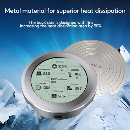 ShuoLe NVMe 256GB SSD Enclosure with Digital SSD Health Tracker, featuring a circular metal design for superior heat dissipation. Displays real-time SSD health metrics on a digital screen, ensuring optimal performance and durability.
