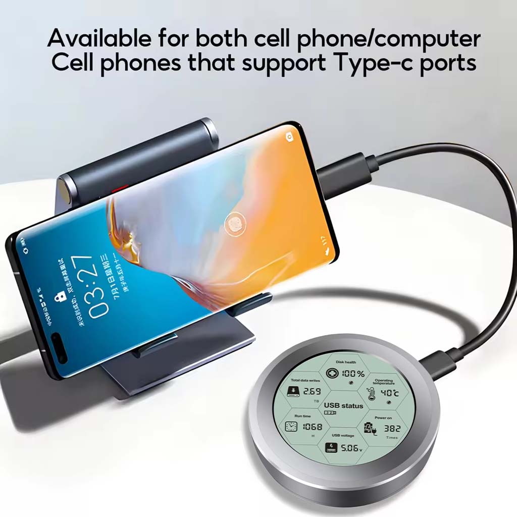 ShuoLe NVMe 256GB SSD Enclosure with Digital SSD Health Tracker connected to a smartphone via Type-C port. High-speed data transfer up to 10Gbps.