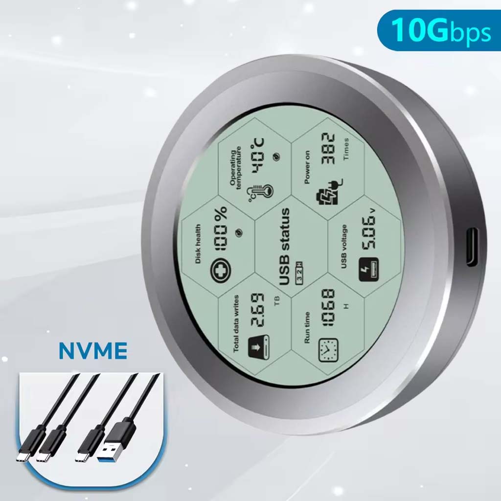 ShuoLe NVMe 256GB SSD Enclosure with Digital SSD Health Tracker, featuring real-time monitoring, USB 3.2 high-speed 10Gbps transfer, and sleek design.