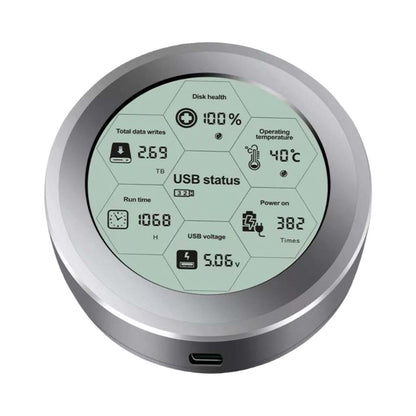 ShuoLe NVMe 256GB SSD Enclosure with Digital SSD Health Tracker, displaying disk health, total data writes, operating temperature, and USB status on a circular screen.