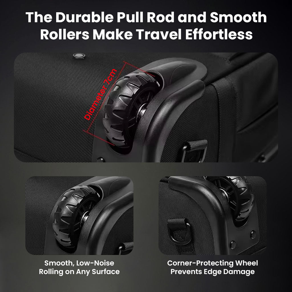 Durable wheels and pull rod on RZTX Smart Trolley Bag designed for smooth, quiet rolling and corner protection.
