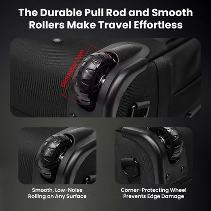 Durable wheels and pull rod on RZTX Smart Trolley Bag designed for smooth, quiet rolling and corner protection.