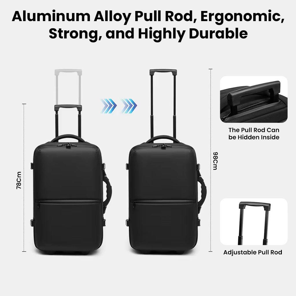 Adjustable aluminum alloy pull rod on RZTX Smart Trolley Bag with ergonomic design for easy portability and compact storage.