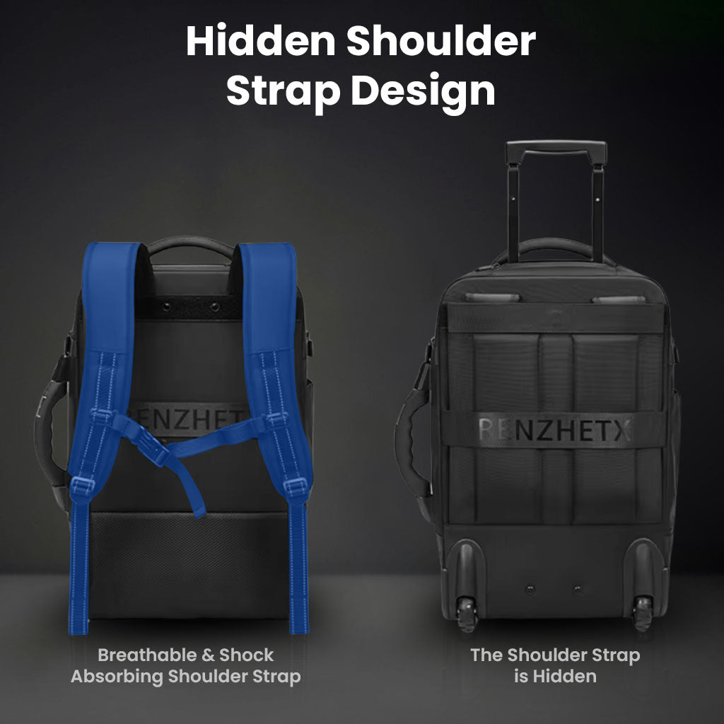 Hidden shoulder strap design on RZTX Smart Trolley Bag with breathable, shock-absorbing straps for backpack mode.