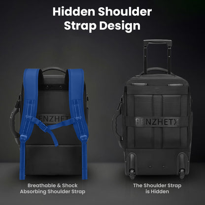 Hidden shoulder strap design on RZTX Smart Trolley Bag with breathable, shock-absorbing straps for backpack mode.