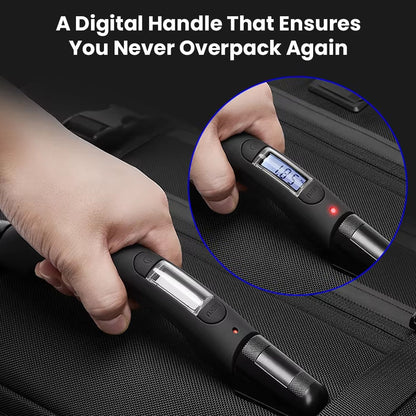Digital handle on RZTX Smart Trolley Bag with built-in scale to prevent overpacking and ensure airline compliance.