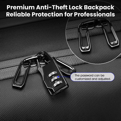 Anti-theft lock system on RZTX Smart Backpack with customizable password for secure travel and professional use.