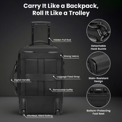 Convertible RZTX Smart Trolley Bag with backpack straps, silent wheels, and detachable hook buckle for versatile travel use.