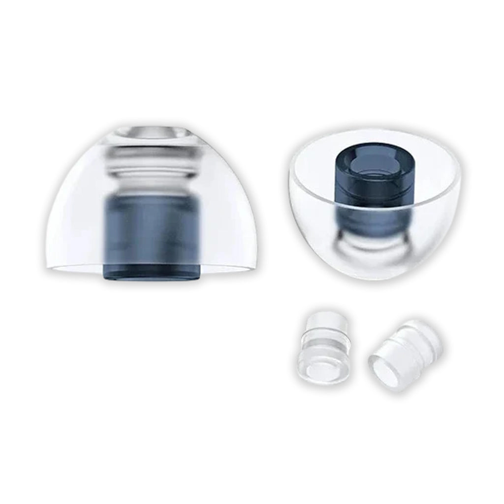 SpinFit Neo Eartips in clear silicone with black core and nozzle adapters, offering durable and flexible fit for IEMs.