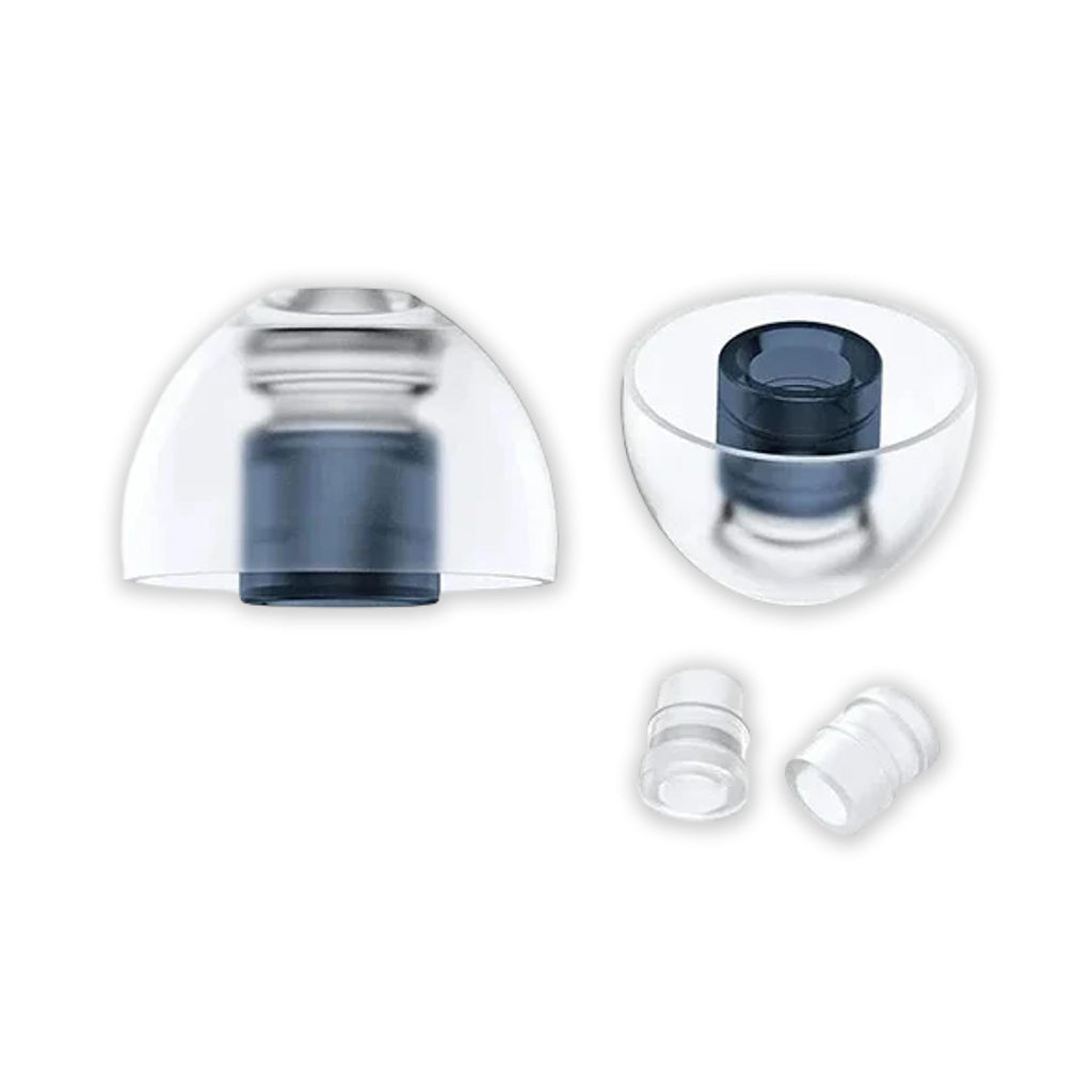 SpinFit Neo Eartips in transparent silicone with nozzle adapters, designed for IEMs with universal fit and enhanced comfort.