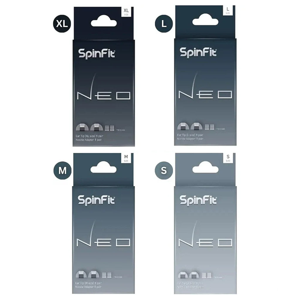 SpinFit Neo Eartips packaging in four sizes: S, M, L, XL, for universal IEM fit and durable silicone comfort.