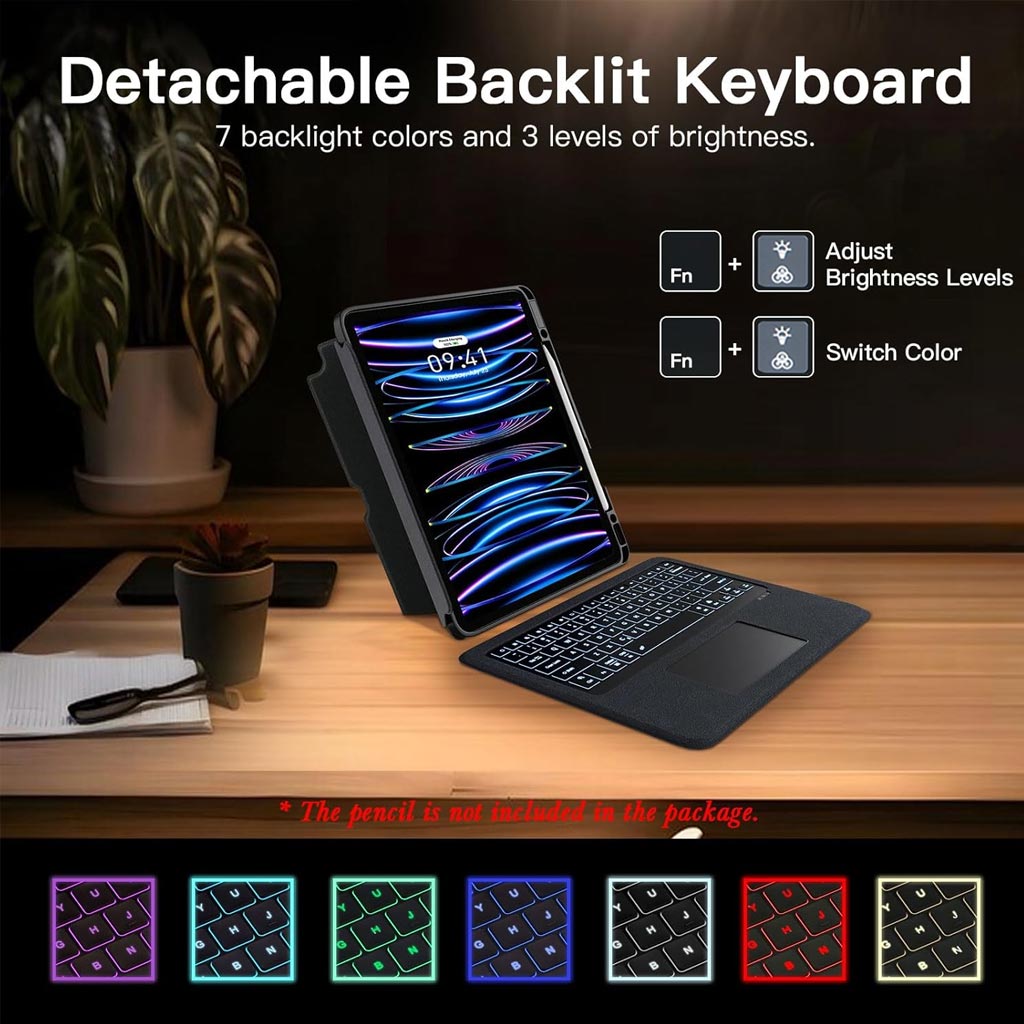 Detachable backlit keyboard on T5304D Keyboard Case for iPad Pro 11 inch M4 2024 with 7 colors and 3 brightness levels for night use.