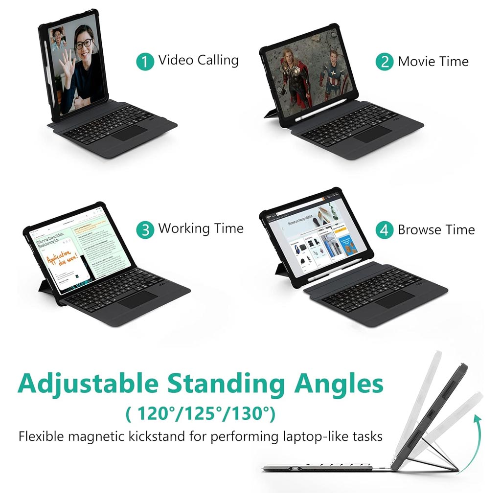 T5304D Keyboard Case for iPad Pro 11 inch M4 2024 with adjustable magnetic kickstand for video calls, movies, work, and browsing.