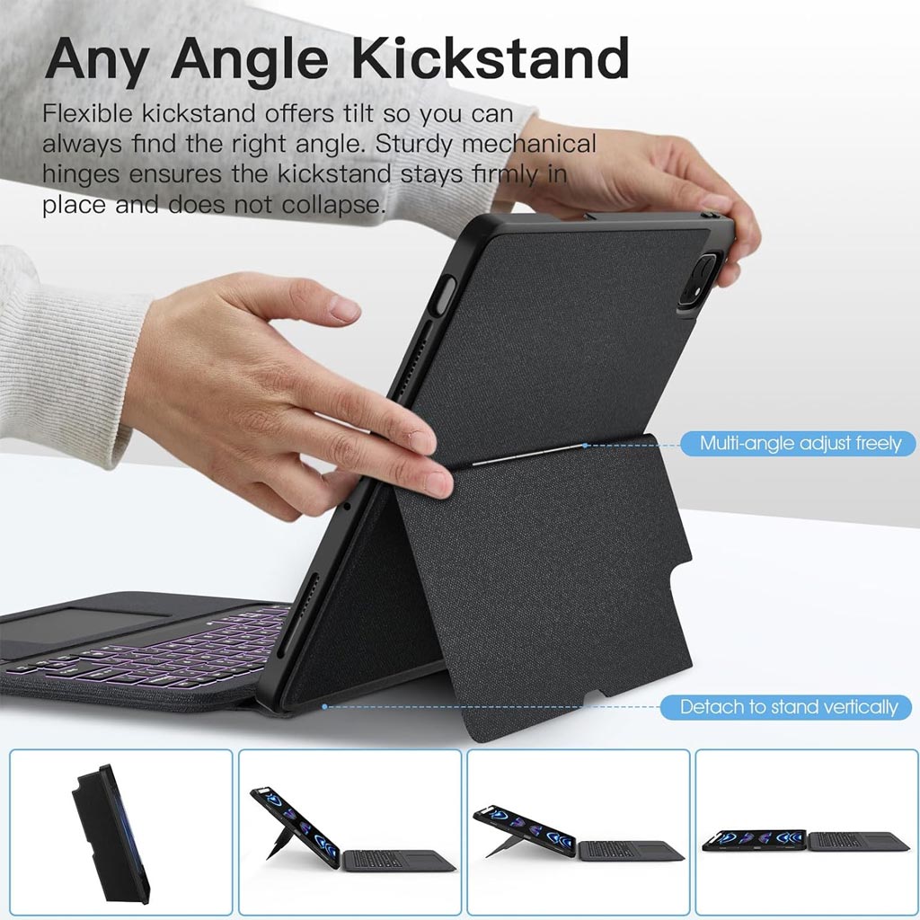 T5304D Keyboard Case for iPad Pro 11 inch M4 2024 features a flexible kickstand with sturdy hinges for any-angle viewing and typing.