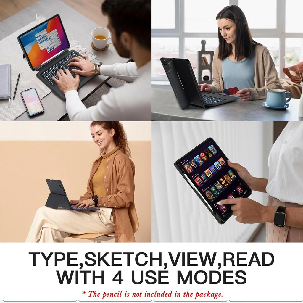 T5304D Keyboard Case for iPad Pro 11 inch M4 2024 supports multiple use modes including typing, sketching, viewing, and reading.
