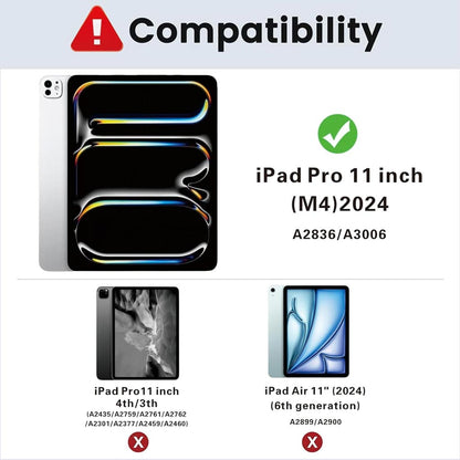 Compatibility chart showing T5304D Keyboard Case fits iPad Pro 11 inch M4 2024 only, not compatible with older iPad Pro or iPad Air models.