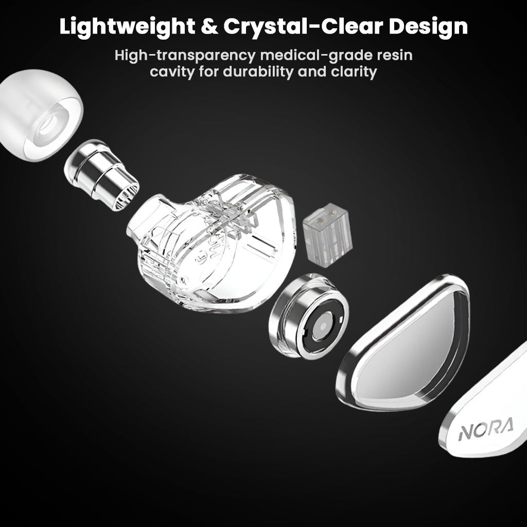 Exploded view of TANCHJIM NORA In ear Monitor showcasing lightweight crystal-clear resin shell and internal dual magnetic driver components.