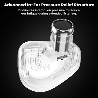 Close-up of TANCHJIM NORA In ear Monitor highlighting advanced in-ear pressure relief structure for reduced ear fatigue during long listening sessions.