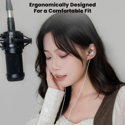 Woman wearing TANCHJIM NORA In ear Monitor, demonstrating ergonomic design and comfortable fit ideal for extended use and studio monitoring.