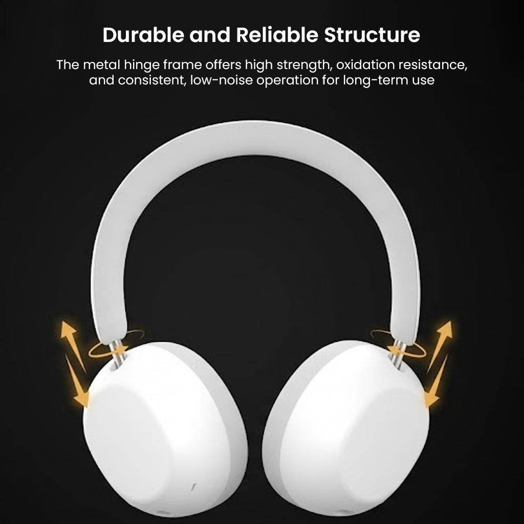 Durable white headphones with metal hinge structure