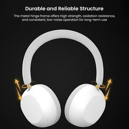 Durable white headphones with metal hinge structure