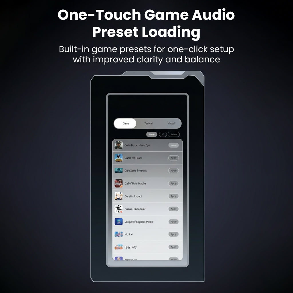 Game preset selection on smartphone screen for one-touch game audio setup